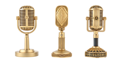 Three Golden Retro Microphones on White Surface for Vintage Vibes, PNG Transparent