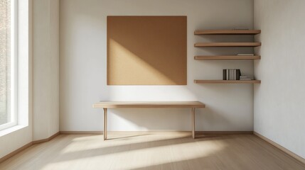 Fototapeta premium Minimalist room, wooden desk, shelves, sunlight, interior design mockup