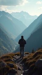 Fototapeta premium Generative AI image of a hiker looking at mountain valley views