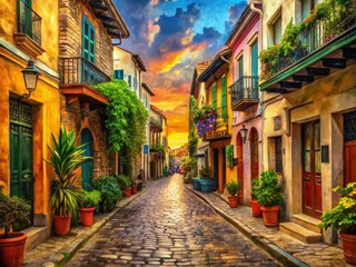 Fototapeta premium Vibrant Oil Painting Street Scene, Classic Cityscape Art Print, Colorful Old Town, HD Retro Artwork, Neoclassical Style