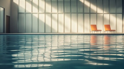Fototapeta premium Tranquil Indoor Pool with Reflections and Stylish Orange Chairs
