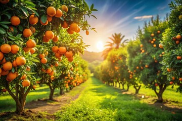 Vibrant Orange Orchard Landscape: Sunlit Trees & Ripe Fruit, Tilt-Shift Photography