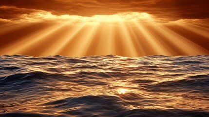 Golden Hour Ocean Sunset  Dramatic Sun Rays  Calm Waves  Seascape Background