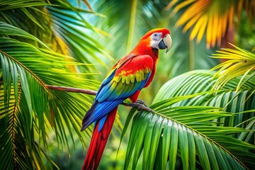 Obraz premium Vibrant Parrot Amongst Lush Palm Trees: Tropical Bird Paradise Stock Photo