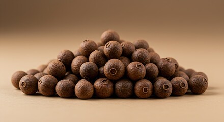 A pile of round, brown allspice berries with a warm, aromatic scent.
