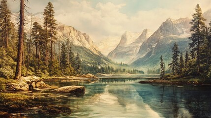 A serene mountain lake reflecting the surrounding peaks and forest in an artistic rendering