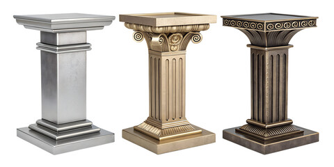 Obraz premium Collection of Metal Podiums on White Background for Professional Setup, PNG Transparent