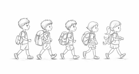 Fototapeta premium Back to School: A line of elementary students are walking forward with school bags