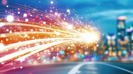 Fototapeta premium A vibrant, blurred cityscape with light trails and sparkling effects.