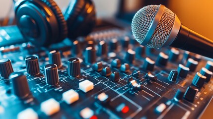 Close-Up of Microphone and Headphones on Professional Audio Mixer