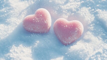 Fototapeta premium Two heart-shaped candies nestled in pristine white snow, symbolizing love and sweetness in a serene winter setting.