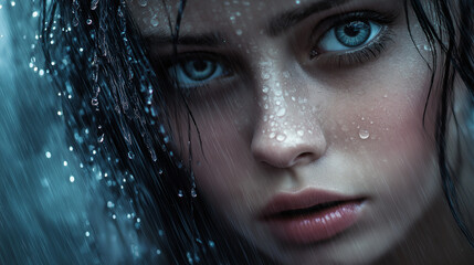 Close-up of a beautiful girl with wet hair and mysterious eyes in the rain