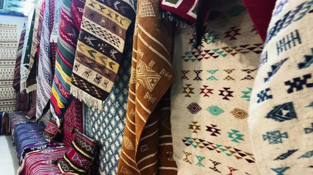 Traditional handmade carpets displayed in a shop providing vibrant cultural patterns
