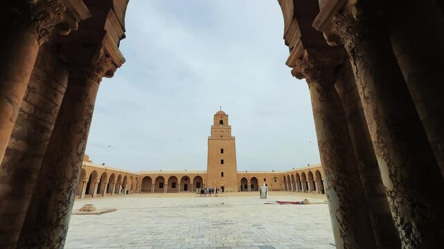 Majestic panorama of courtyard of the Great Mosque of Kairouan in Tunisia, Africa