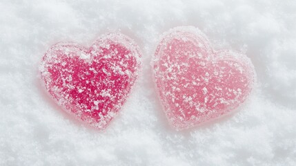Two heart-shaped candies nestled in pristine white snow, symbolizing love and sweetness in a serene winter setting.
