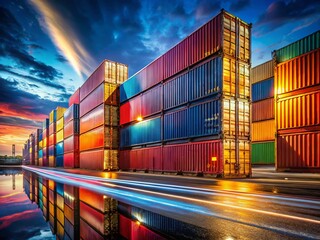 Fototapeta premium Vibrant Stacked Shipping Containers Long Exposure Night Photography