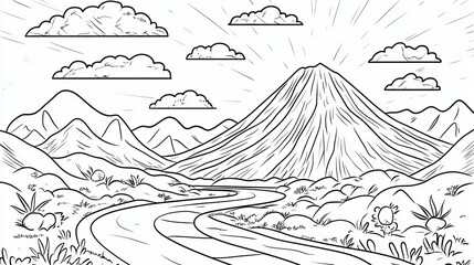 Fototapeta premium Serene Mountain Landscape Black and White Line Art Drawing Peaceful Nature Scene Illustration Simple Graphic Design Element Artistic Nature 