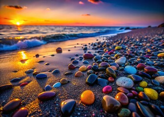 Vibrant Stones on Black Sea Beach at Sunset, Tarhankut, Crimea