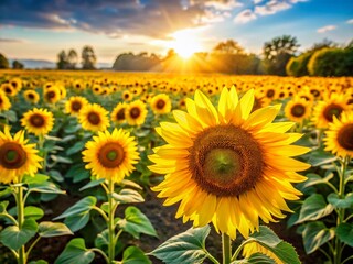 Obraz premium Vibrant Sunflower Field with Tilt-Shift Effect: Golden Sunflowers, Green Leaves, and Sunflower Seeds