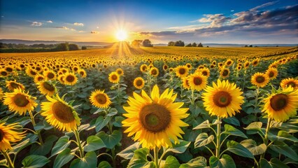 Obraz premium Vibrant Sunflower Field under a Clear Blue Sky - High-Resolution Stock Photo