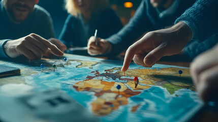 Strategy Session: An overhead view captures a group of business people gathered around a detailed map, their fingers pointing and discussing potential strategies and plans, their heads concentrated.