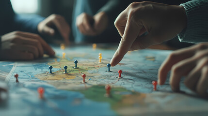 Obraz premium Strategic Planning on the Map: A team of professionals collaboratively plan a strategic course of action using a map marked with colorful pins, symbolizing locations and objectives. 