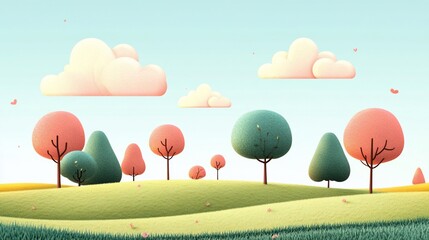Cartoon spring landscape with pastel trees, rolling hills, and fluffy clouds.