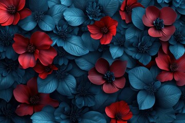 Fototapeta premium Dark cyan and crimson flowers arranged in a hyper-detailed 3D design, creating a mysterious, elegant wallpaper with intricate textures.
