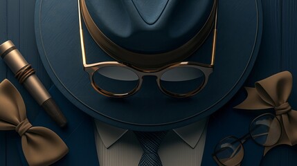 Father's day celebration with stylish hat, glasses, and tie on vibrant blue background – high-resolution festive still life