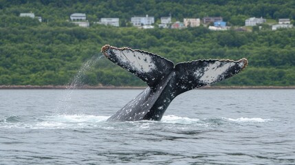 Obraz premium Whale tail fluke, ocean dive, coastal town background, wildlife photography