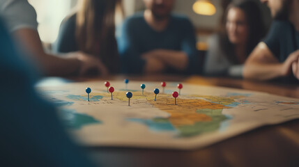 Global Connections Explored: A group of people gathers around a detailed map marked with colorful pins, signifying destinations, dreams, and future travel aspirations.