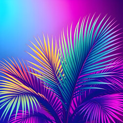 Obraz premium Tropical and palm leaves in vibrant bold gradient holographic neon colors. Concept art. Minimal surrealism background.