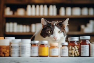 Curious cat sitting among various medicine bottles in a pharmacy.