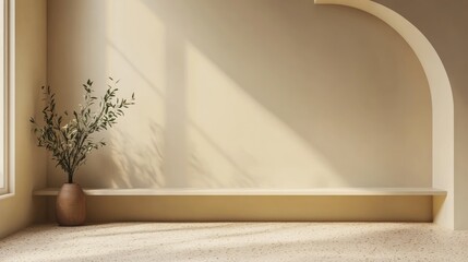 Fototapeta premium Minimalist beige room, sunlit alcove, plants, shelf