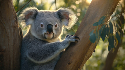 Fototapeta premium Koala clinging to a tree in a sunlit forest