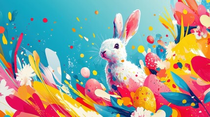 Playful Rabbit Surrounded by Colorful Flowers and Easter Eggs