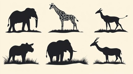 Obraz premium African wildlife silhouettes elephant, giraffe, antelope, rhino; safari background; zoology, education