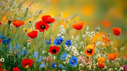 Vibrant Wildflower Meadow Summer Blooms Colorful Floral Field Nature Photography Beautiful Red Orange Blue Flowers Springtime Meadow Landscape Vivid  