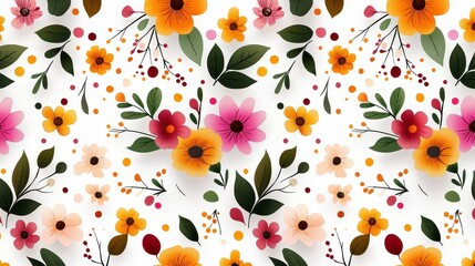 Colorful Floral Pattern with Vibrant Blooms and Green Foliage Design