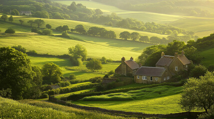 Dorset countryside, green hills with narrow winding roads, charming stone cottages with tiled roofs