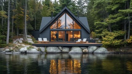 Obraz premium A modern A-frame cabin with large windows, warm interior lighting, and a wooden deck overlooking a calm lake