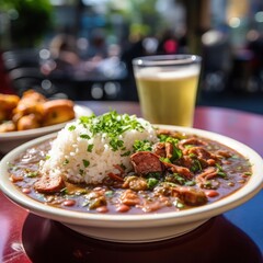 A bowl of gumbo with rice and a glass of beer on a table.