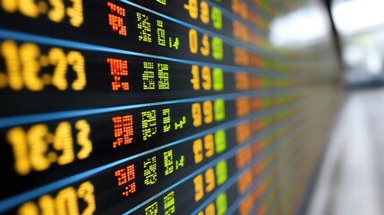 Obraz premium Airport departure board, flight times, arrivals, terminal, blurry background, travel