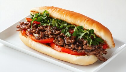 Bulgogi Sandwich beef meat with lettuce, tomato slice and bun bread on white plate