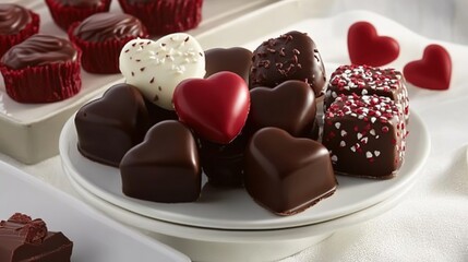 A romantic and indulgent arrangement of Valentine's Day chocolates, featuring heart-shaped treats, rich cocoa flavors, and elegant red and pink packaging. 