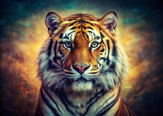 Obraz premium Vintage Colorful Tiger Portrait: Majestic Stripes in Retro Style