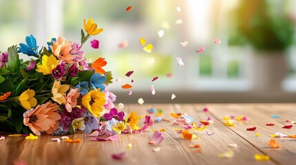 Colorful Flower Bouquet on Wooden Table with Petals in Air
