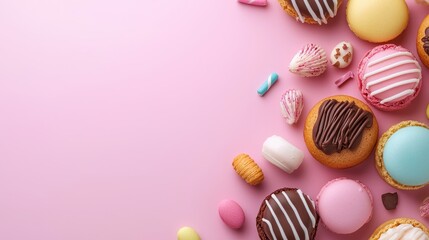 Obraz premium Colorful Assortment of Various Sweet Treats on Pink Background