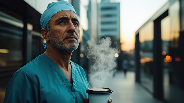 A Tired Surgeon Holding a Cup of Coffee During a Quiet Moment at Sunrise