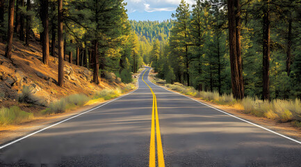 Fototapeta premium Journey Through the Woods: An open road stretches invitingly through a sun-dappled forest, winding towards an unknown destination, embodying the essence of travel and the call of the open road.